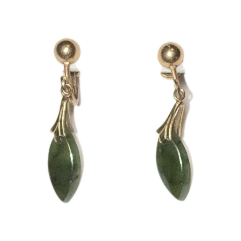 Screw Back Earrings Gold Tone‎ Dangling Green Stone Vtg  J-6N